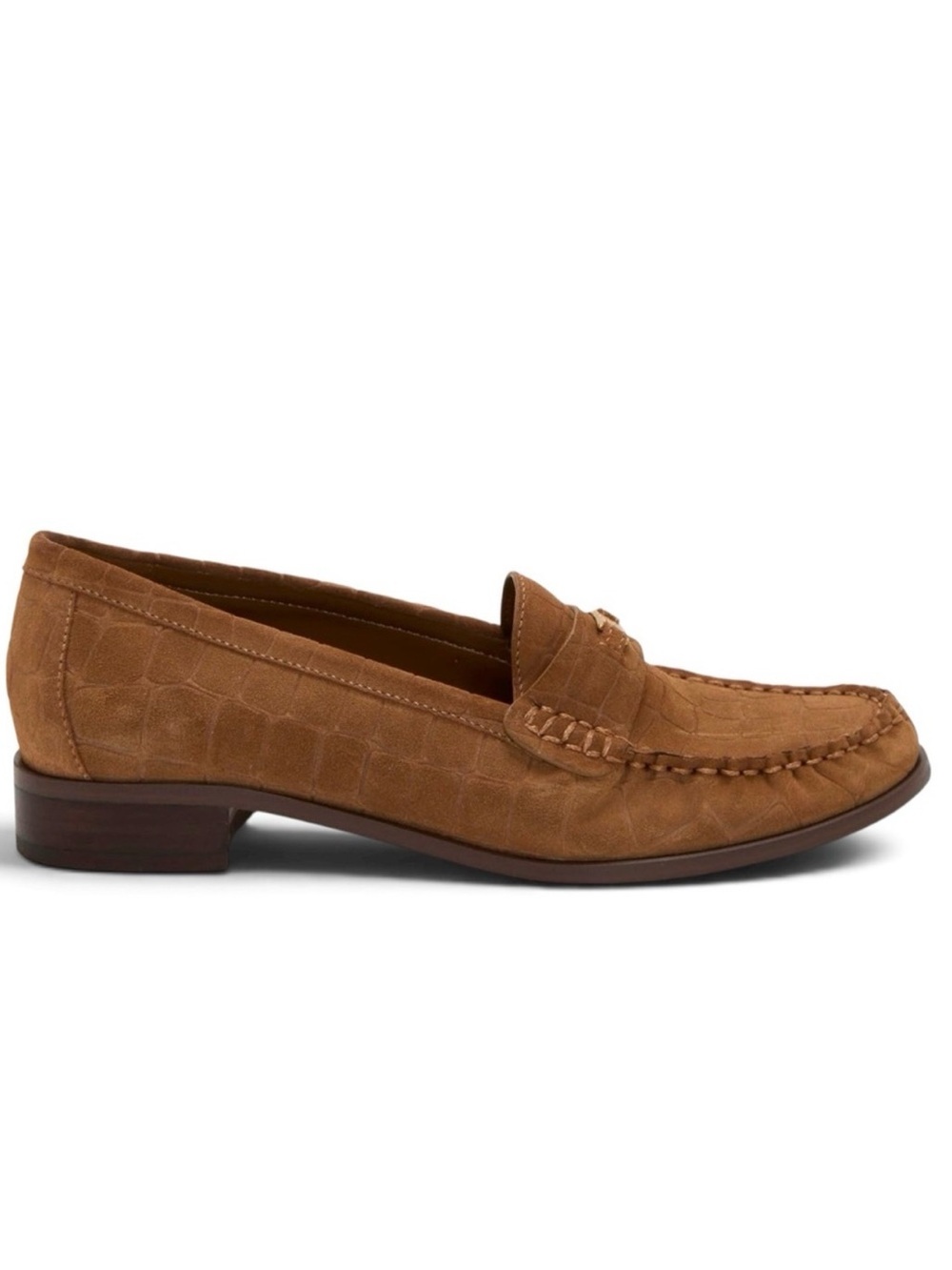 Vince Camuto Classic Women's Suede alligator print Penny Loafers in Cognac Brown